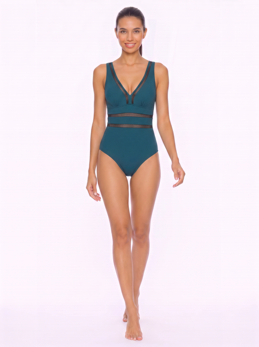 Ribbed Mesh Panel Open Back One Piece Swimsuit