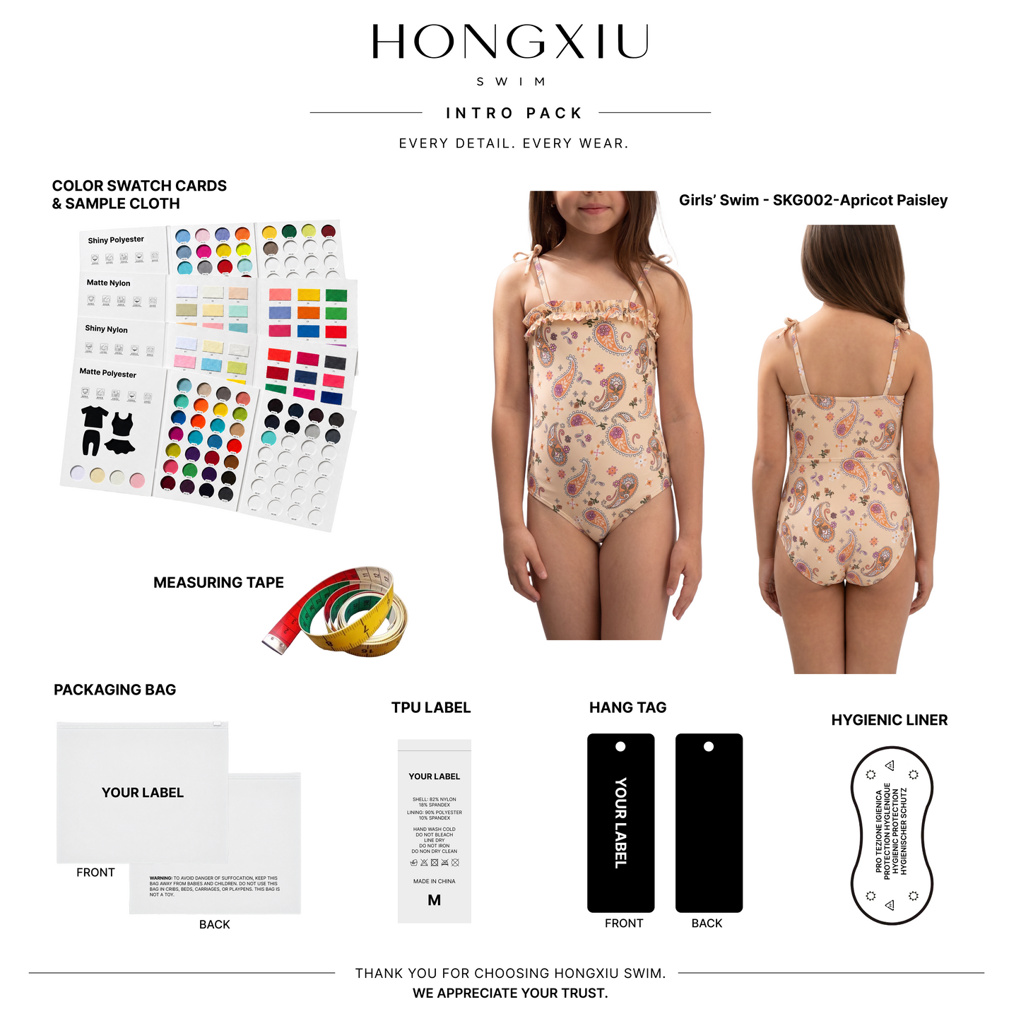 Apricot paisley girls one-piece swimsuit shown front and back with color swatches, measuring tape, labels, and packaging