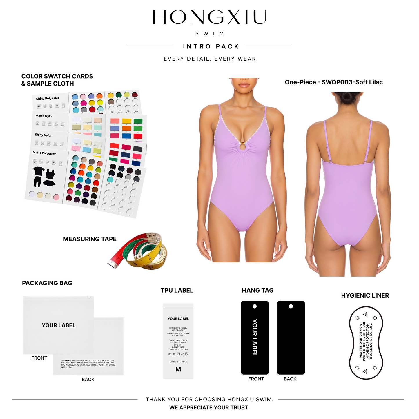 Soft lilac one-piece swimsuit shown front and back with color swatches, measuring tape, packaging, labels, and liner