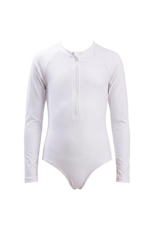 fabric:matte nylon | view:01 | White long-sleeve one-piece swimsuit with front zipper, shown flat on a white background