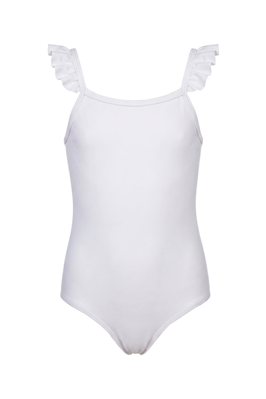 fabric:matte polyester | view:01 | White one-piece swimsuit with ruffled shoulder straps on a white background