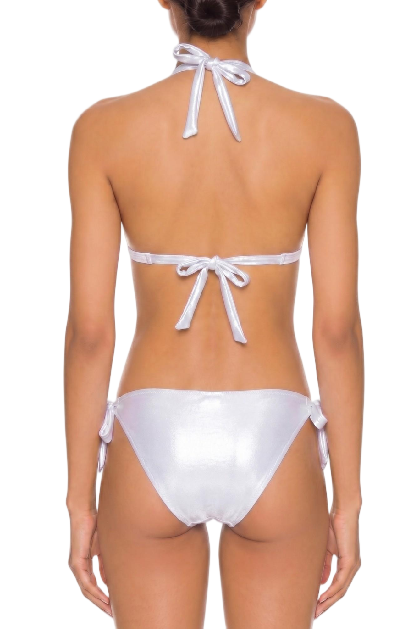fabric:shiny nylon | view:04 | White tie-back bikini shown from the back on a model against a white background