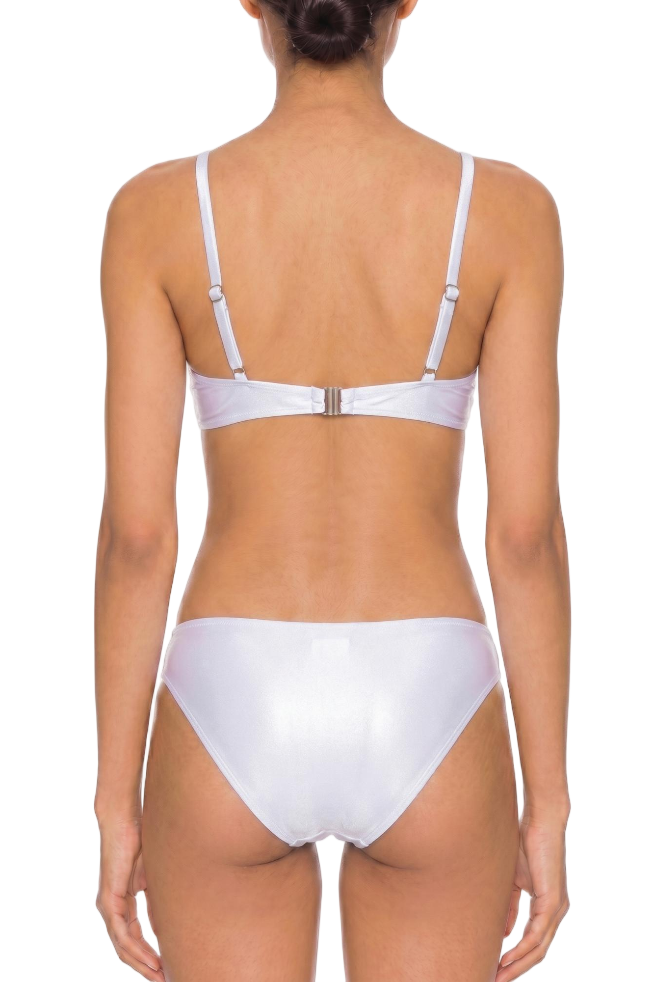 fabric:shiny polyester | view:04 | White bikini set, back view with adjustable straps and clasp, model standing against a white background