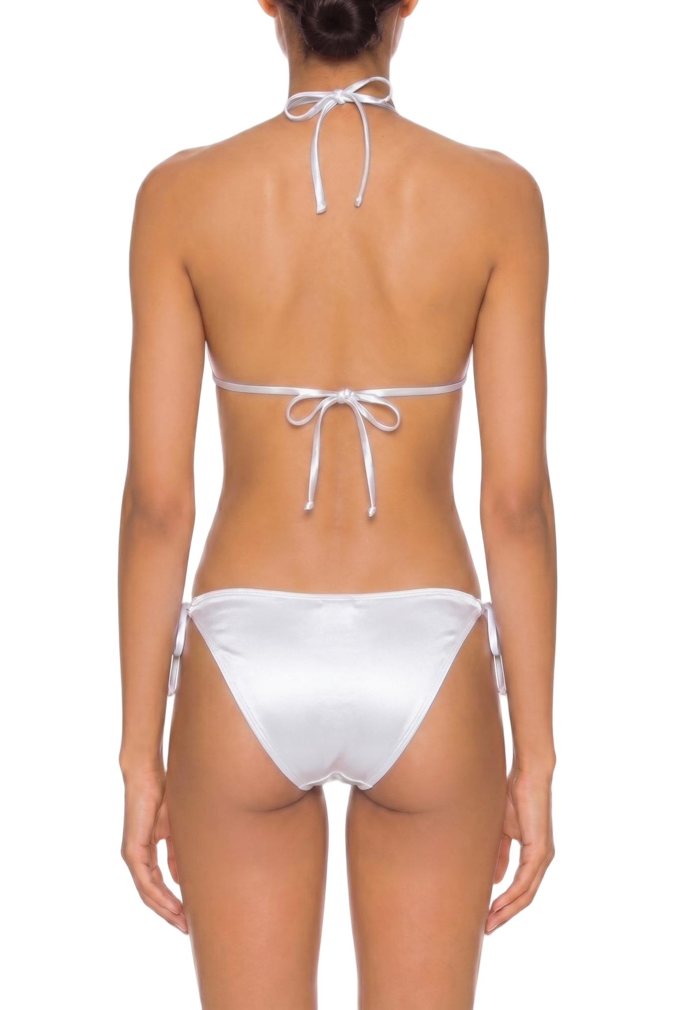 fabric:shiny polyester | view:04 | White tie-back bikini with halter neck and side-tie bottoms, shown from the back on a white background
