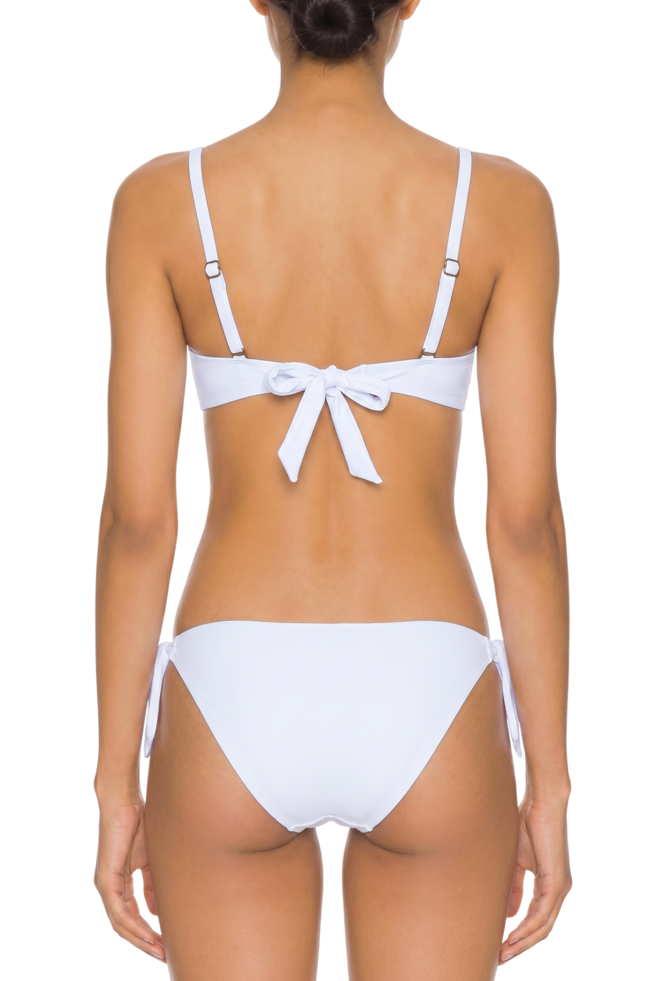 fabric:matte nylon | view:03 | White bikini with tie-back top and side-tie bottoms, shown from the back on a plain white background