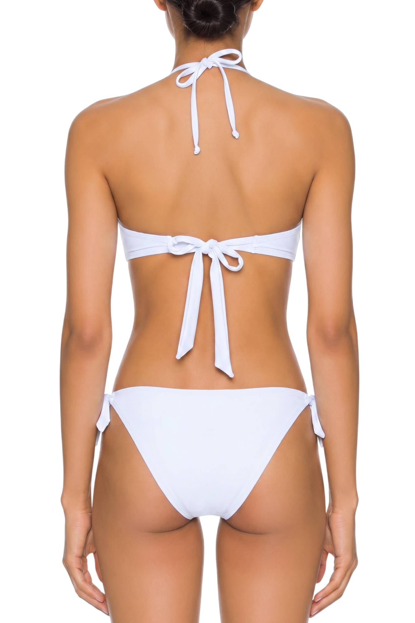 fabric:matte nylon | view:03 | Back view of white tie halter bikini top and side-tie bottoms on model against white background