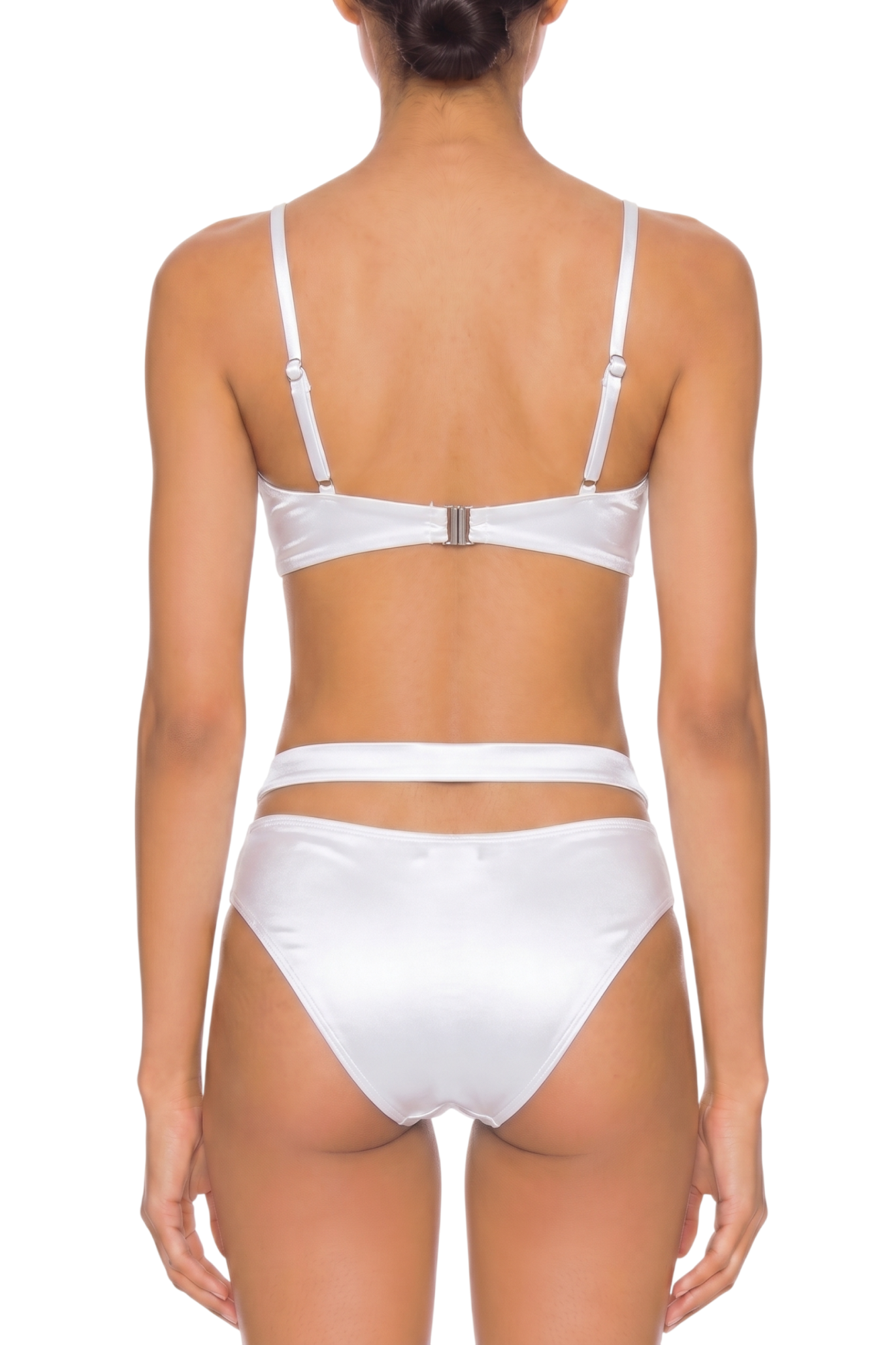 fabric:shiny polyester | view:04 | White bikini set with adjustable straps and back clasp, rear view on a plain white background