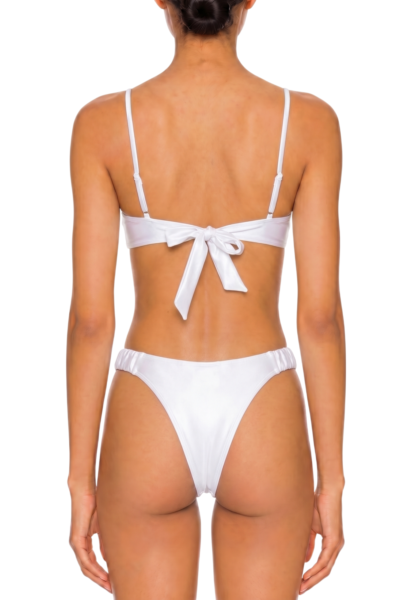 fabric:shiny polyester | view:04 | Back view of white bikini with adjustable straps, tied back top, and high-cut bottoms on a plain white background