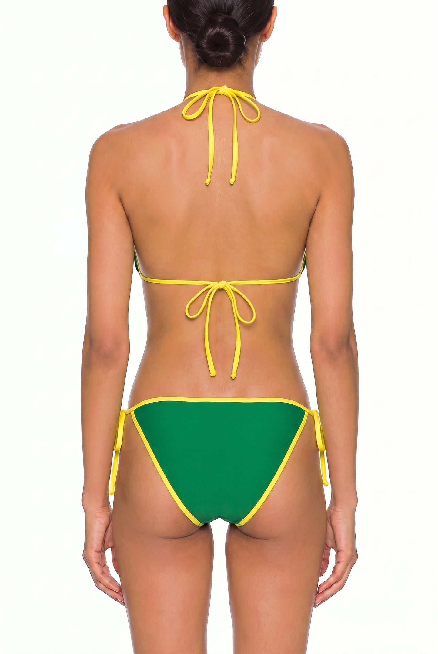 Back view of green tie-side bikini with yellow trim on white background
