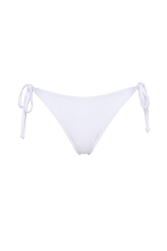 fabric:matte polyester | White tie-side bikini bottom on a plain white background