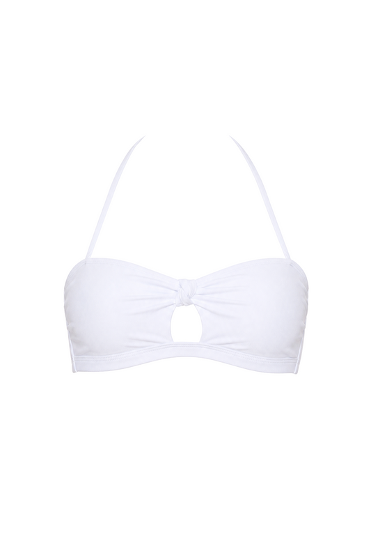 fabric:matte polyester | view:01 | White bandeau bikini top with halter straps, center knot, and keyhole cutout on white background