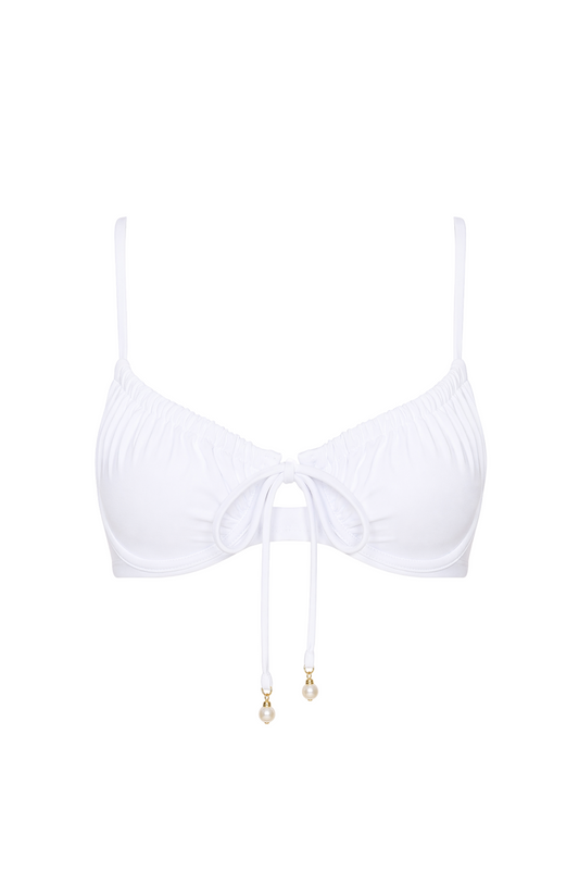 fabric:matte polyester | view:01 | White underwire bikini top with ruched cups, front tie, dangling pearl charms, and thin straps on a white background