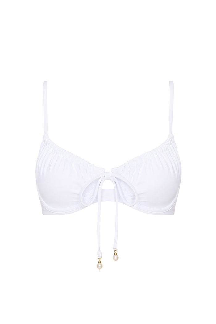 fabric:matte polyester | view:01 | White underwire bikini top with ruched cups, front tie, dangling pearl charms, and thin straps on a white background