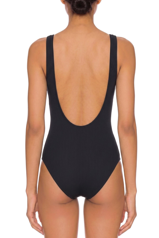 Ribbed Mesh Panel Open Back One Piece Swimsuit