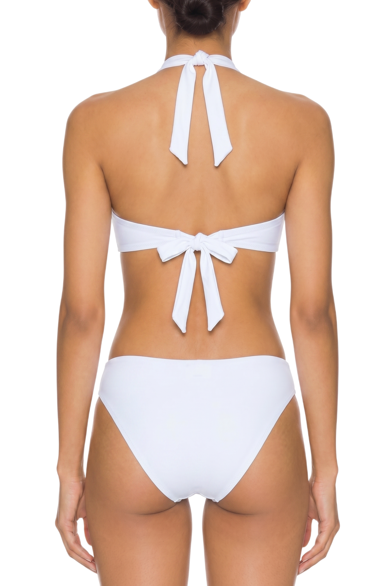 fabric:matte polyester | view:03 | Back view of white bikini with halter neck and back ties on model against white background