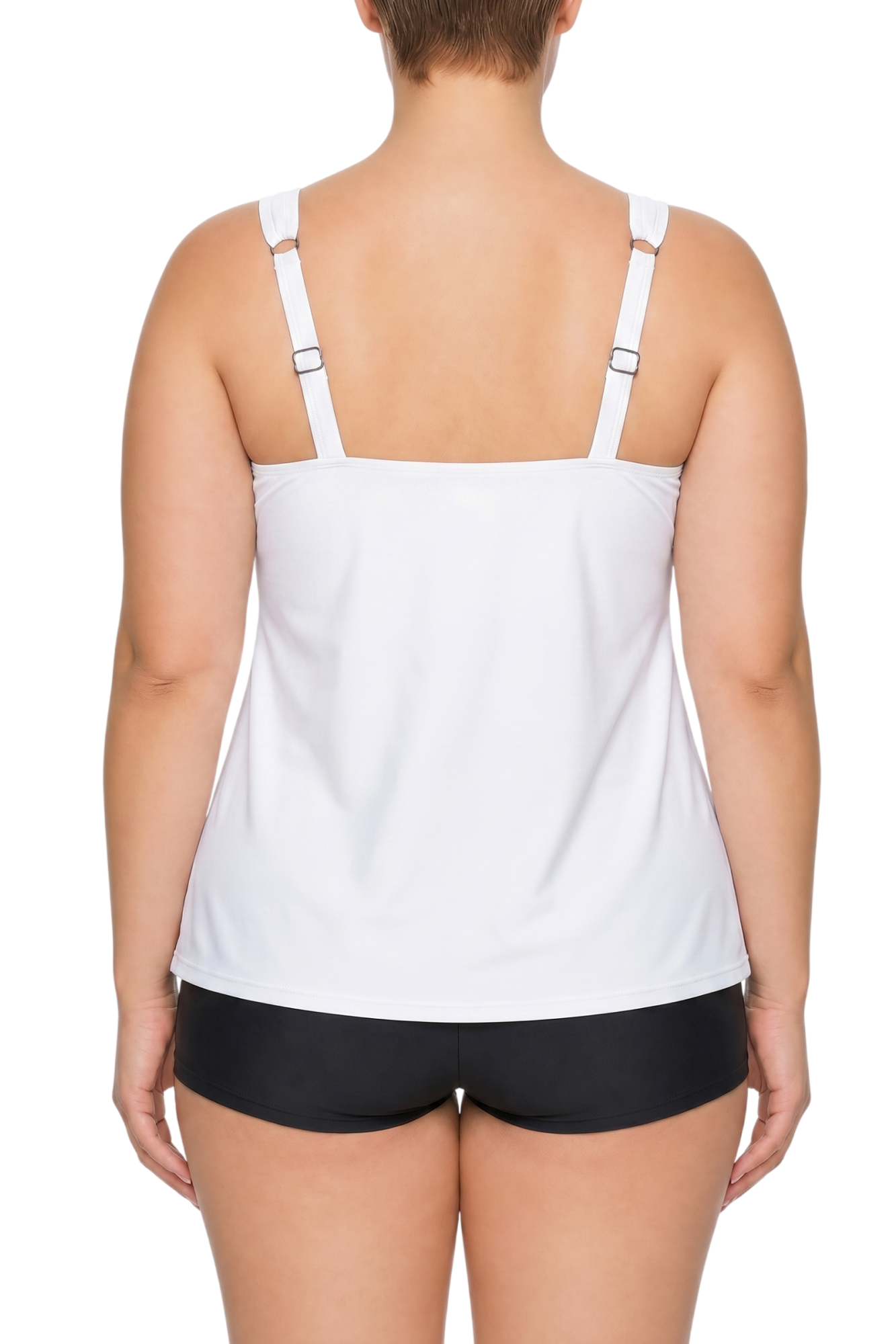 fabric:matte polyester | view:03 | Back view of white swim tank top with adjustable straps and black swim shorts on a model against a white background