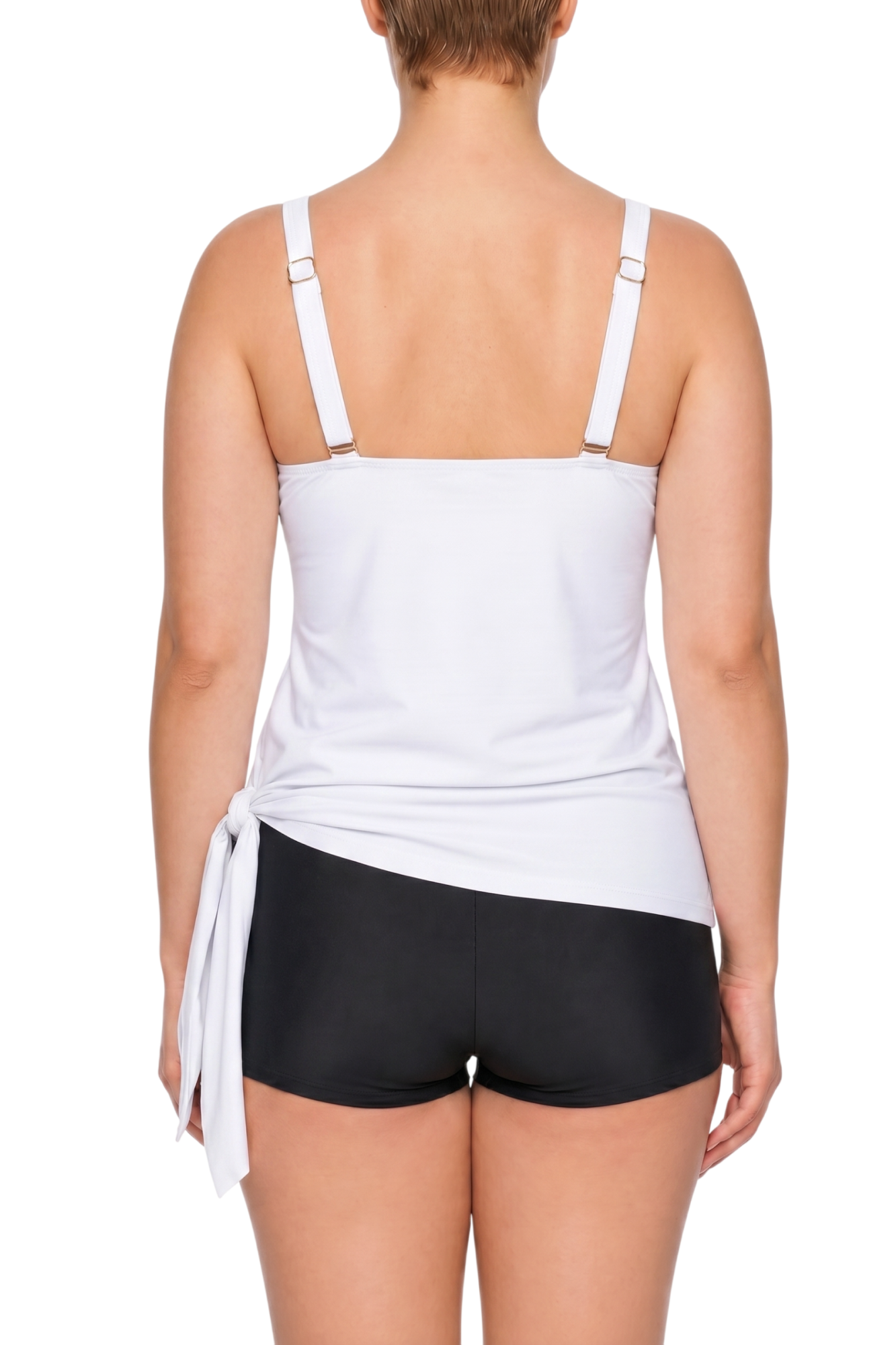 fabric:matte polyester | view:04 | Back view of white tankini top with adjustable straps and side tie, paired with black swim shorts on a white background