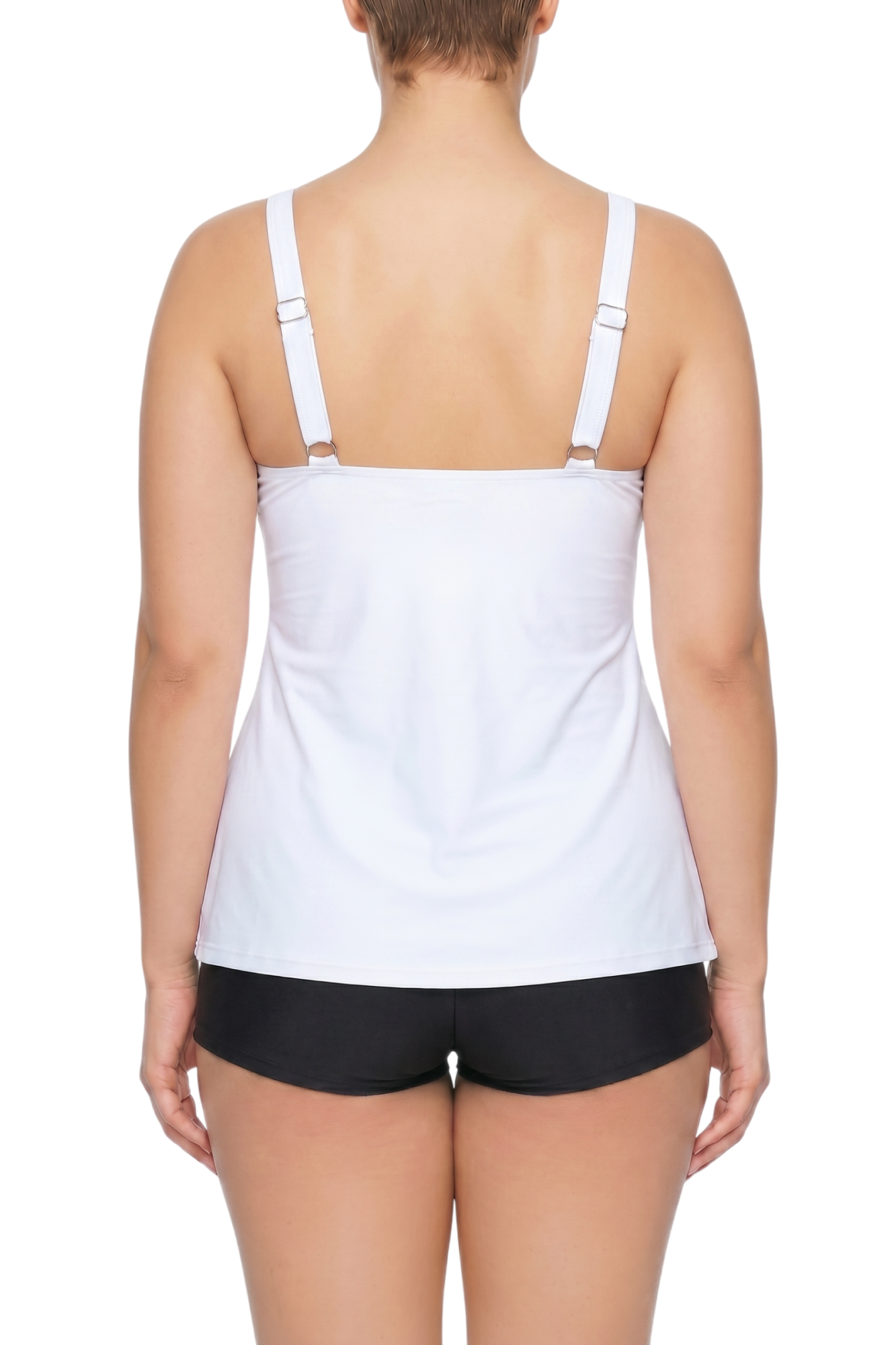 fabric:matte nylon | view:03 | Back view of model wearing a white swim tank with adjustable straps and black swim shorts on a white background