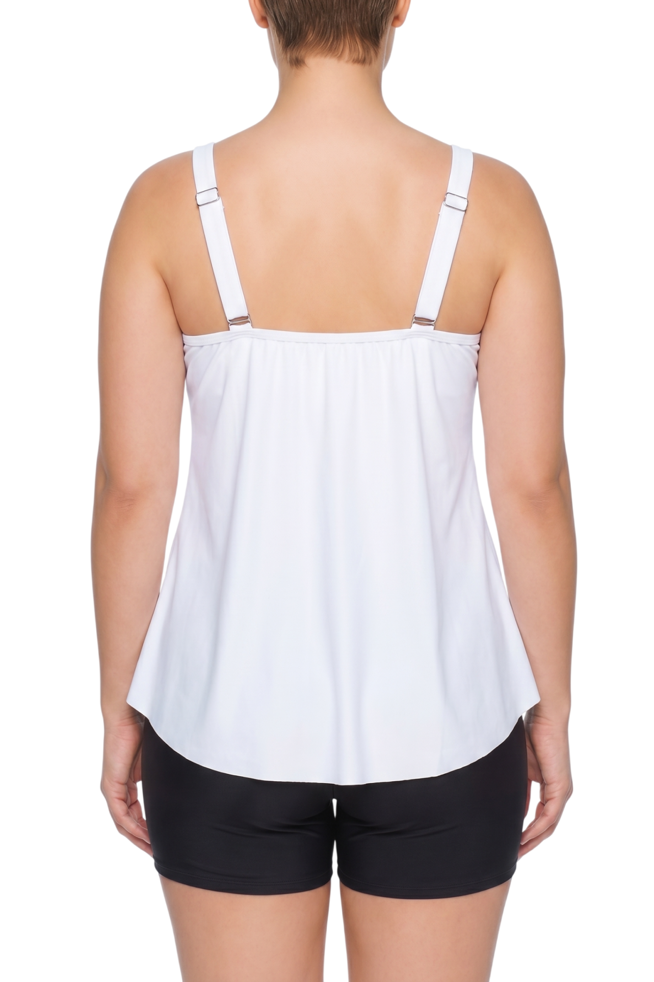 fabric:matte nylon | view:03 | Back view of white adjustable strap swim tank top with black shorts on a plain white background