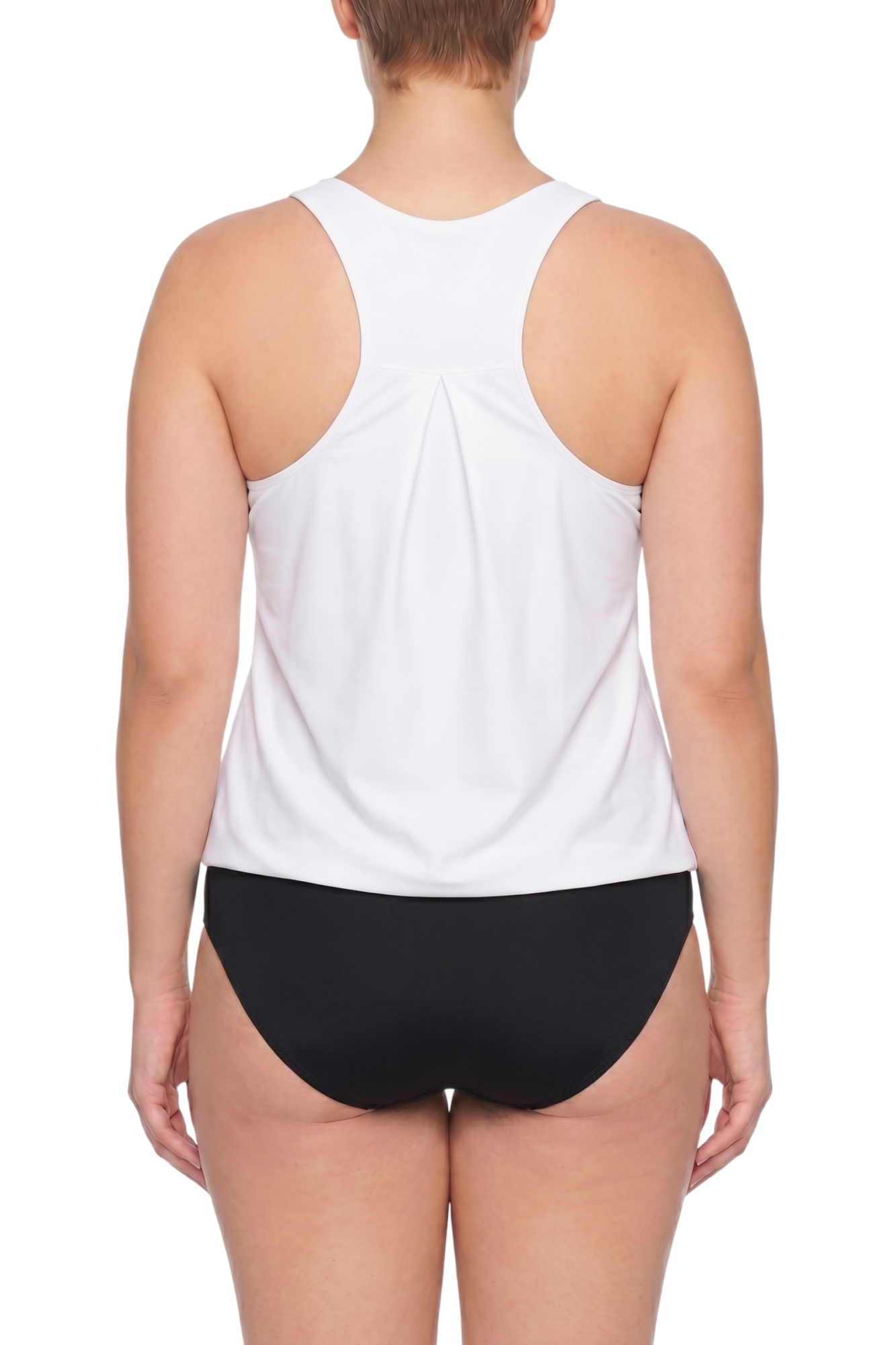 fabric:matte polyester | view:03 | Back view of white racerback swim top with black bikini bottoms on a plain white background