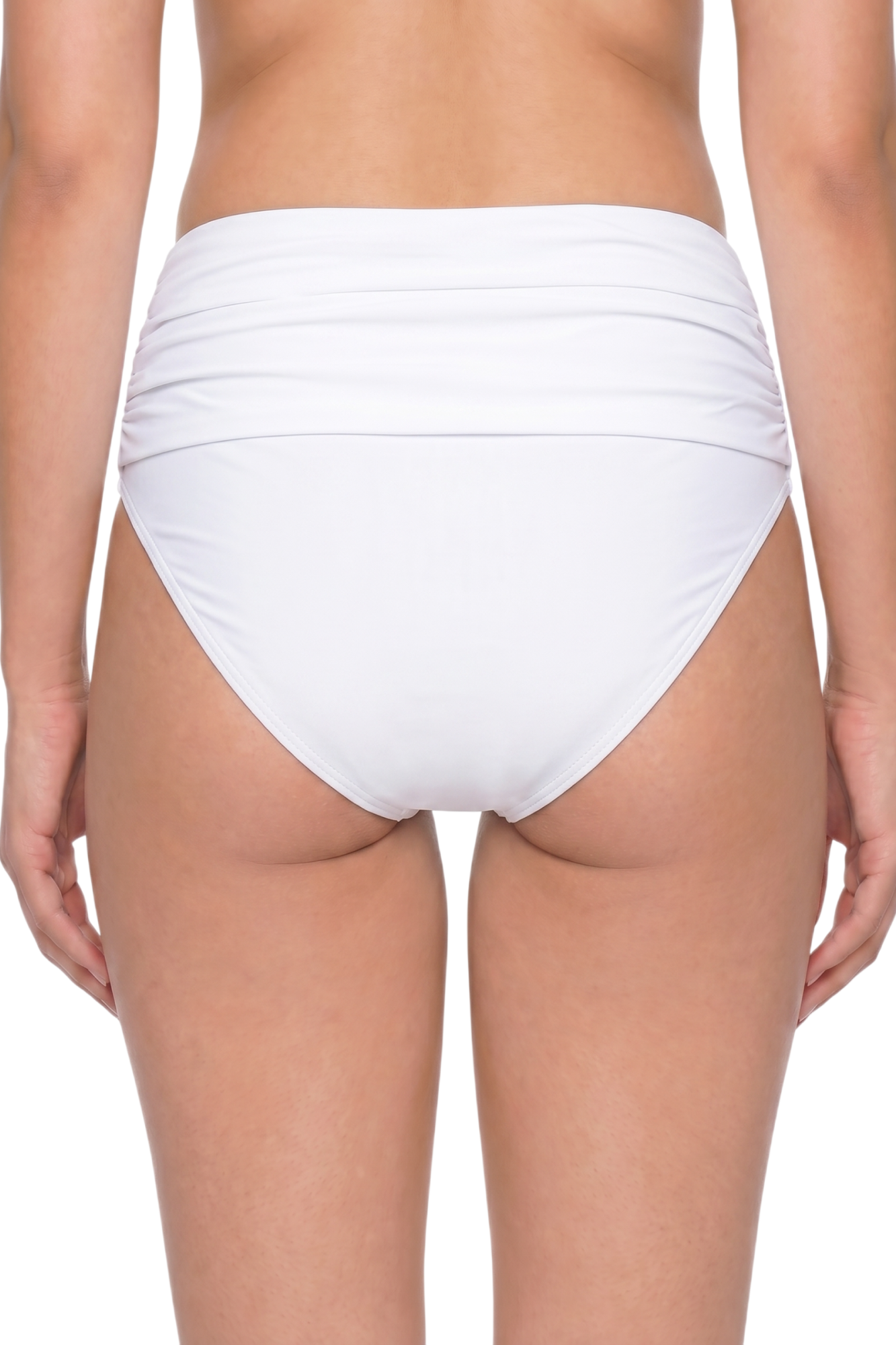 fabric:matte nylon | view:03 | White high-waisted bikini bottom with ruched waistband, back view on model