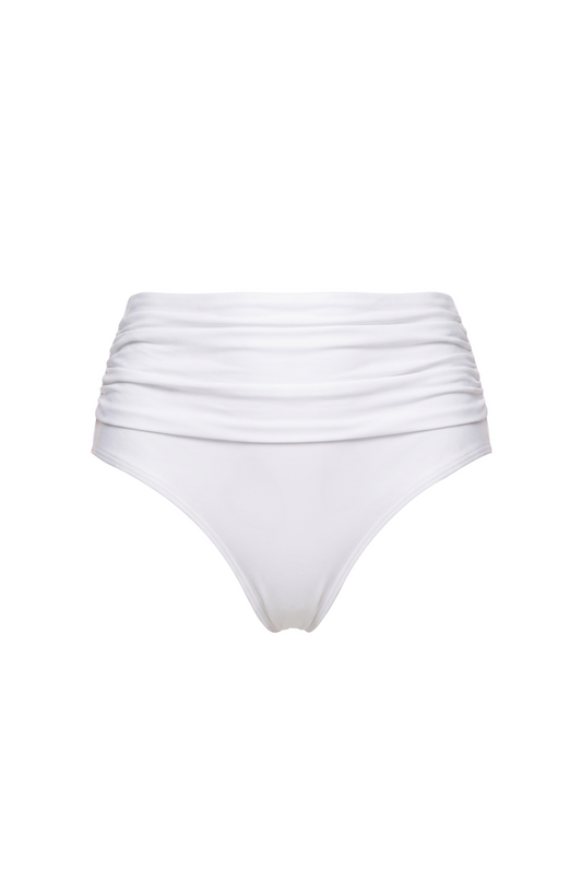 fabric:matte polyester | view:01 | White high-waisted bikini bottom with ruched waistband on a plain white background