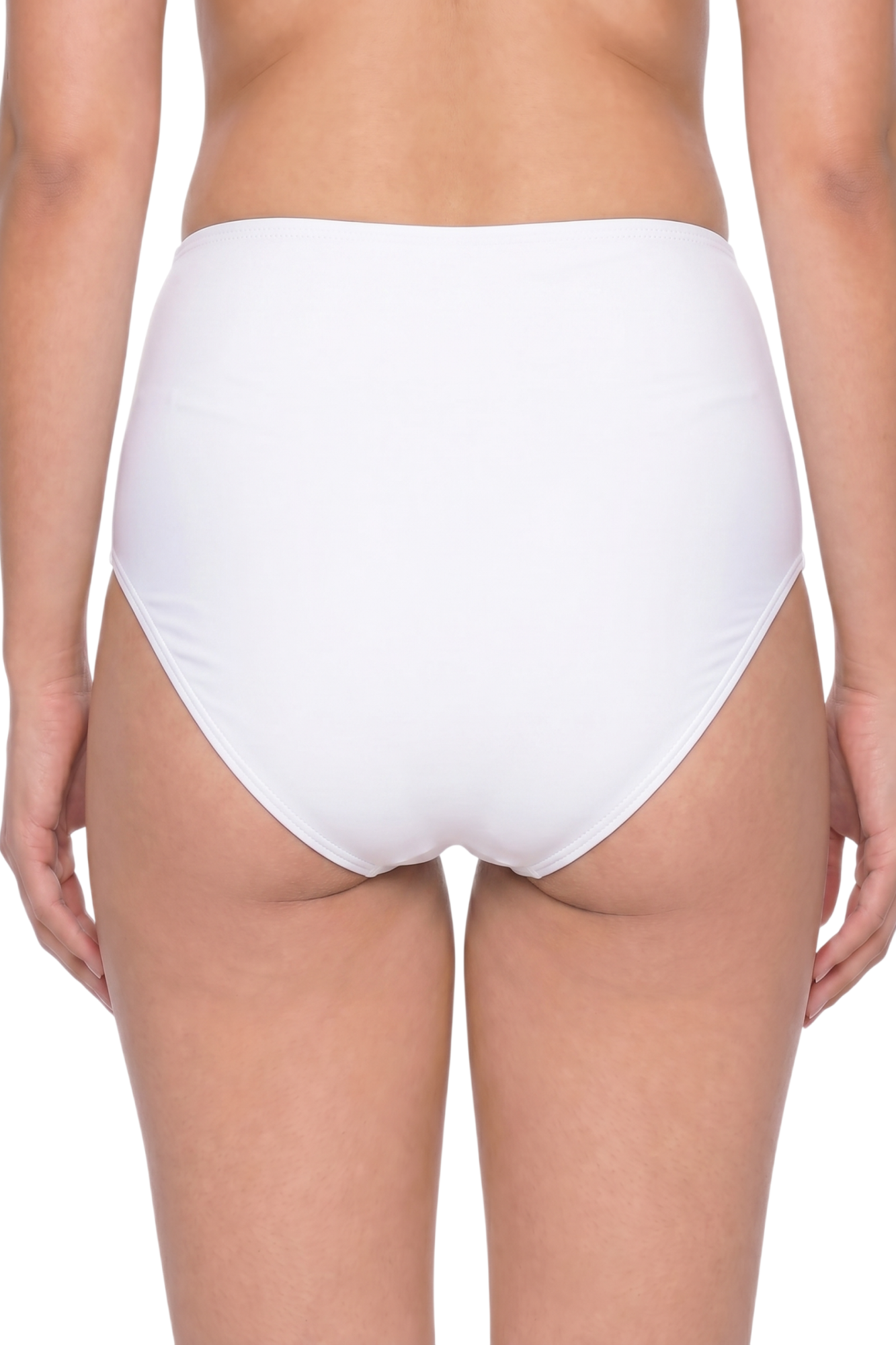 fabric:matte nylon | view:03 | Back view of white high-waisted bikini bottoms on model against a white background