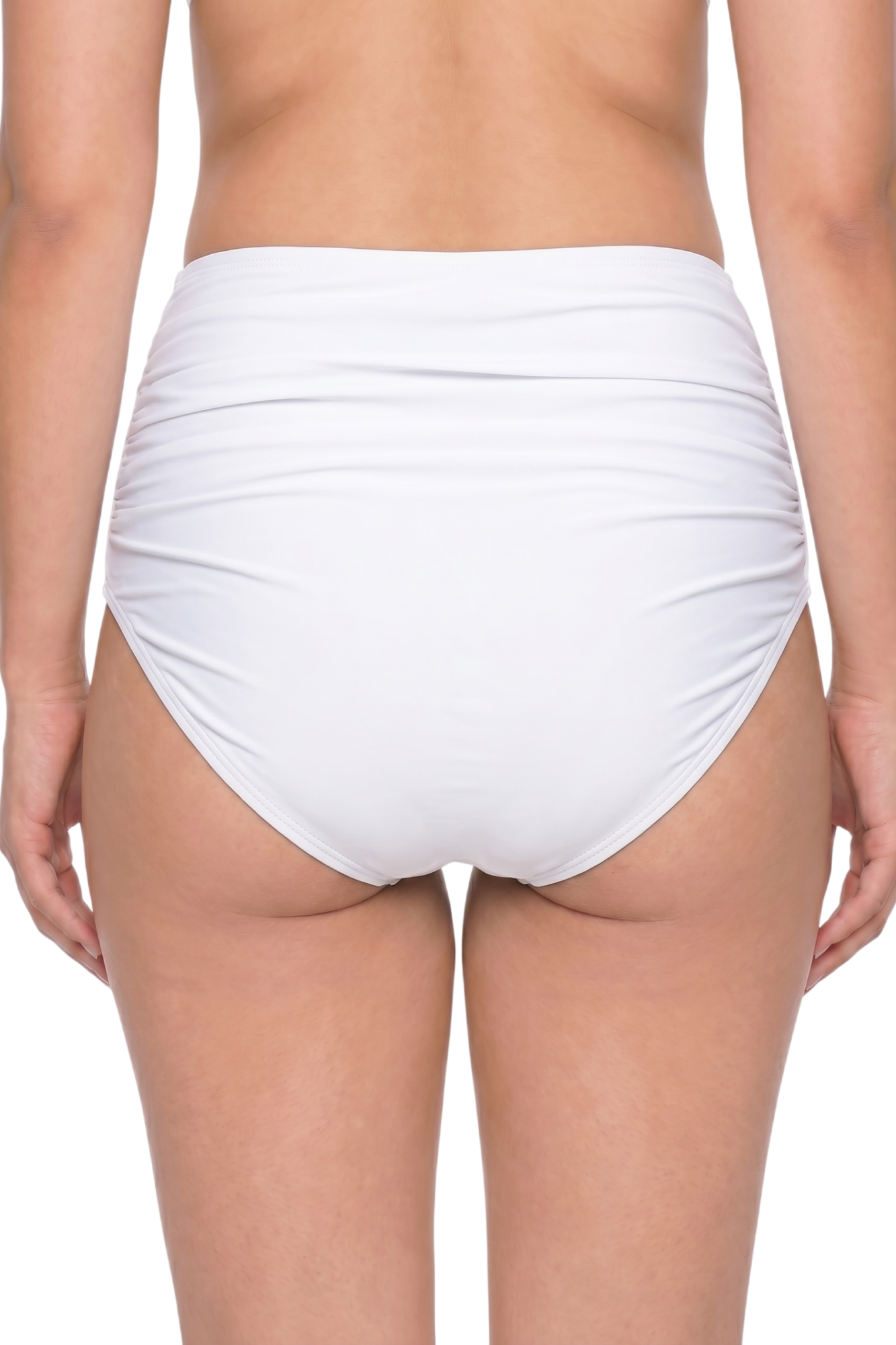 fabric:matte polyester | view:03 | White high-waisted swim bottoms with side ruching, back view on model against white background