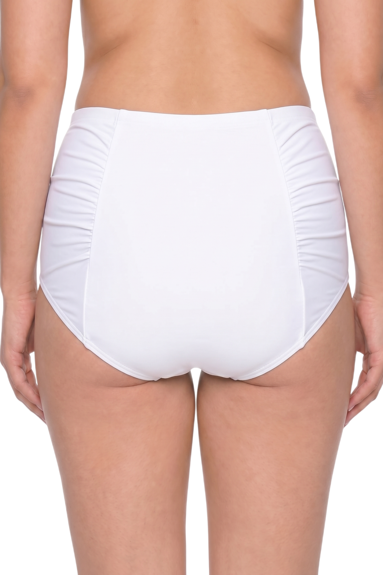 fabric:matte nylon | view:03 | White high-waisted swim bottoms with ruched side panels, shown from the back on a white background