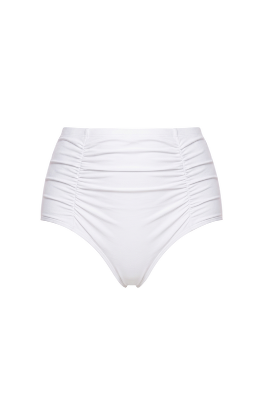 fabric:matte polyester | view:01 | White high-waisted bikini bottom with side ruching on a white background