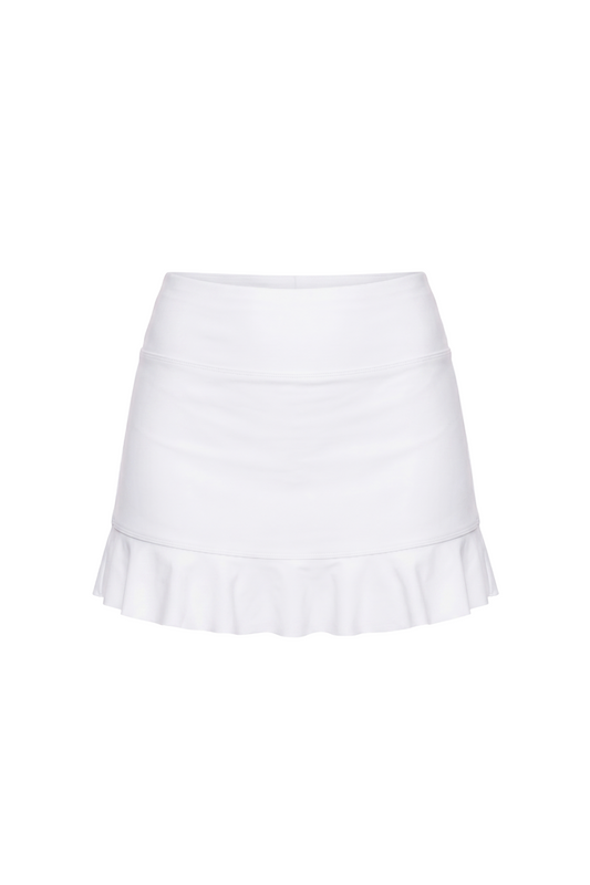 fabric:matte polyester | view:01 | White skirt with wide waistband and ruffled hem, front view on a white background