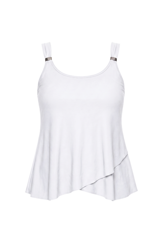 fabric:matte polyester | view:01 | White sleeveless tank top with scoop neck, metal strap accents, and layered asymmetrical hem on white background