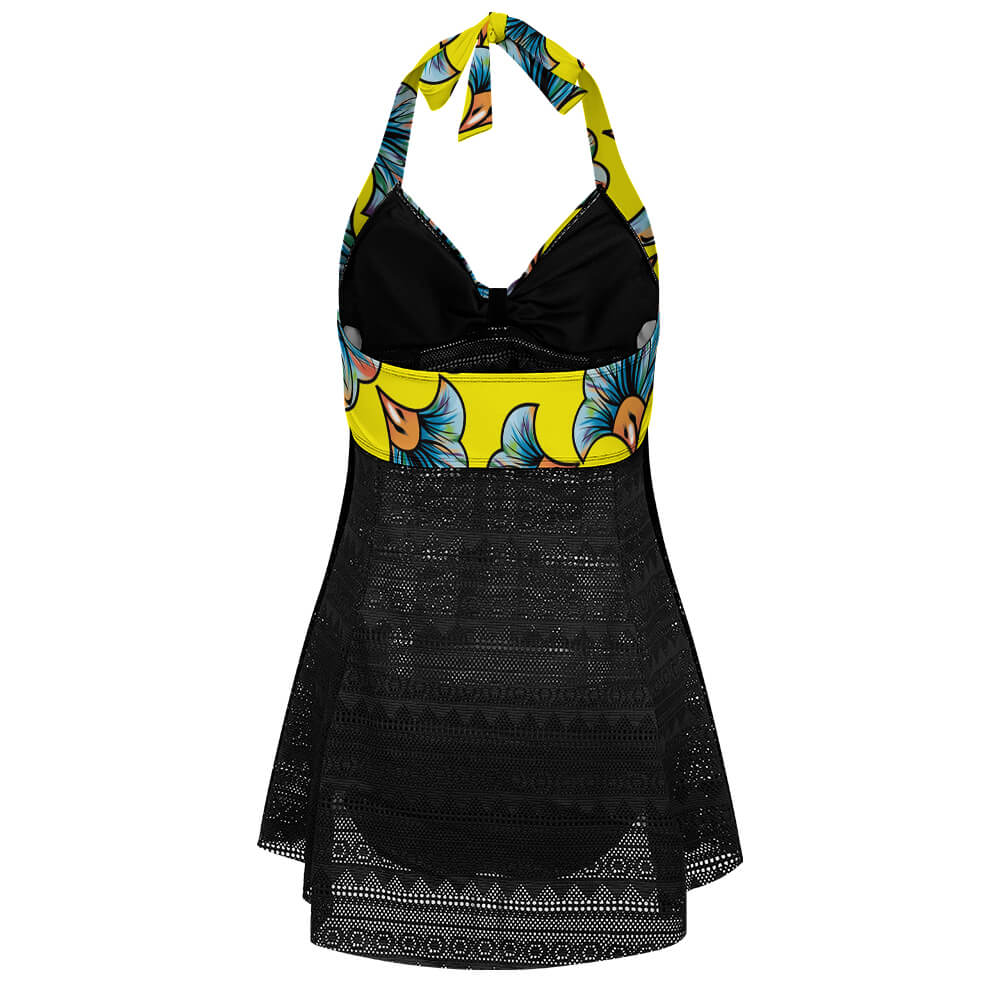 Halter Mesh-Overlay Ruffle Tankini Set, product view 5