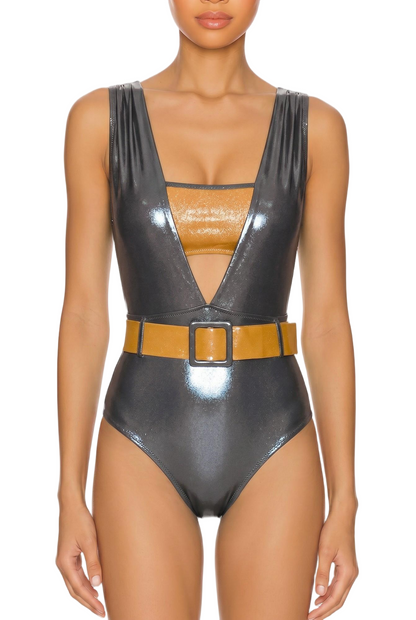 Belted Cutout Shiny One Piece Swimsuit