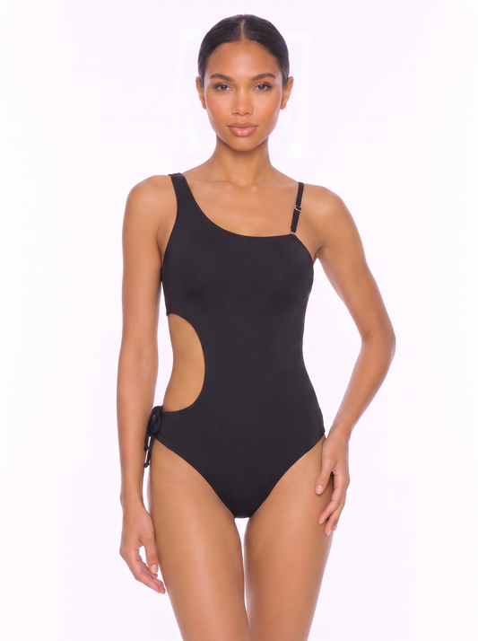 Asymmetric One-Piece Swimsuit with Side Cutouts and Mixed Straps