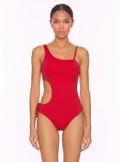 Asymmetric One-Piece Swimsuit with Side Cutouts and Mixed Straps