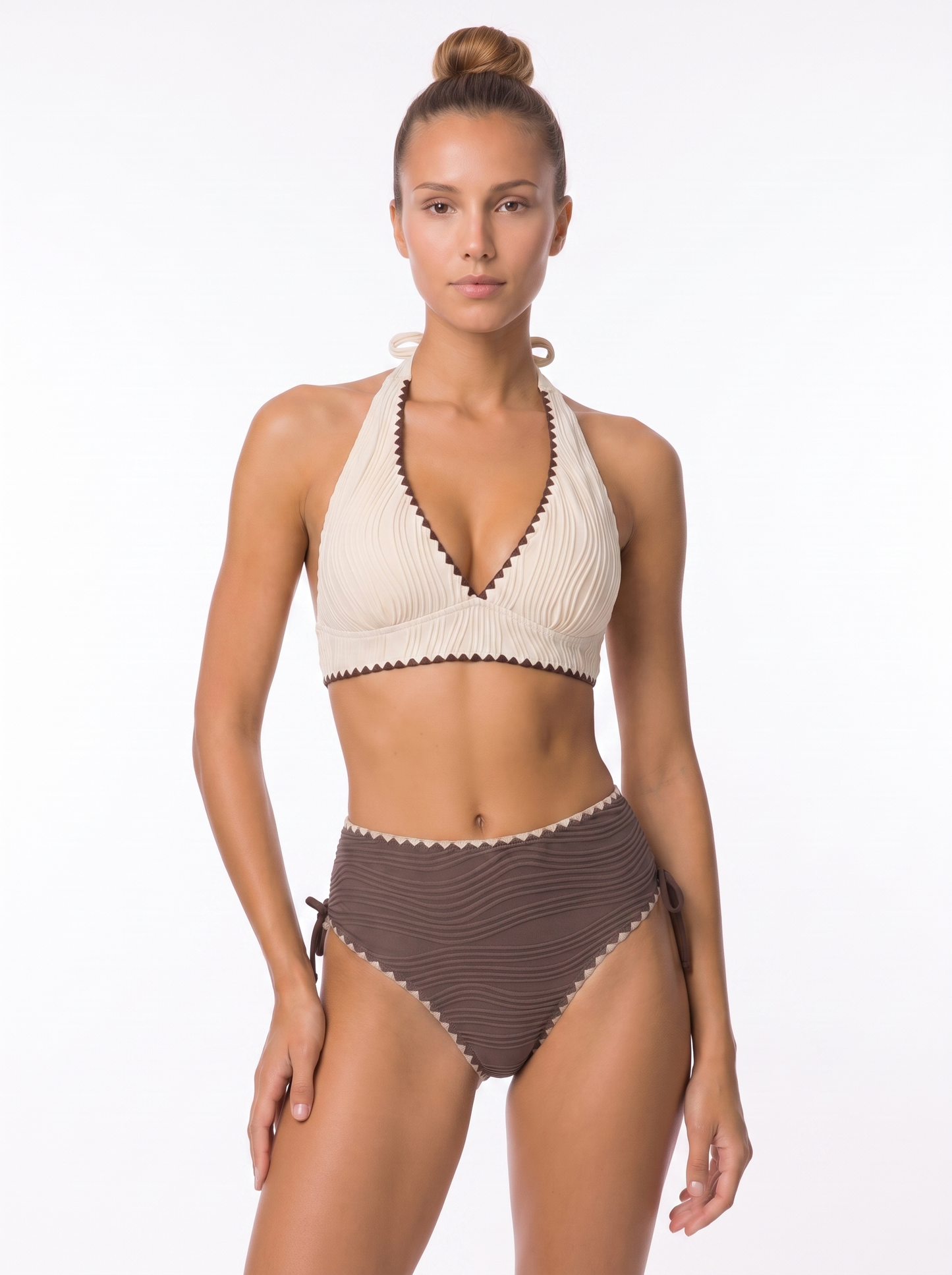 Cream & Brown Zigzag Halter Bikini Set