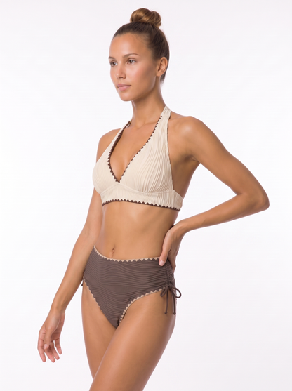 Cream & Brown Zigzag Halter Bikini Set