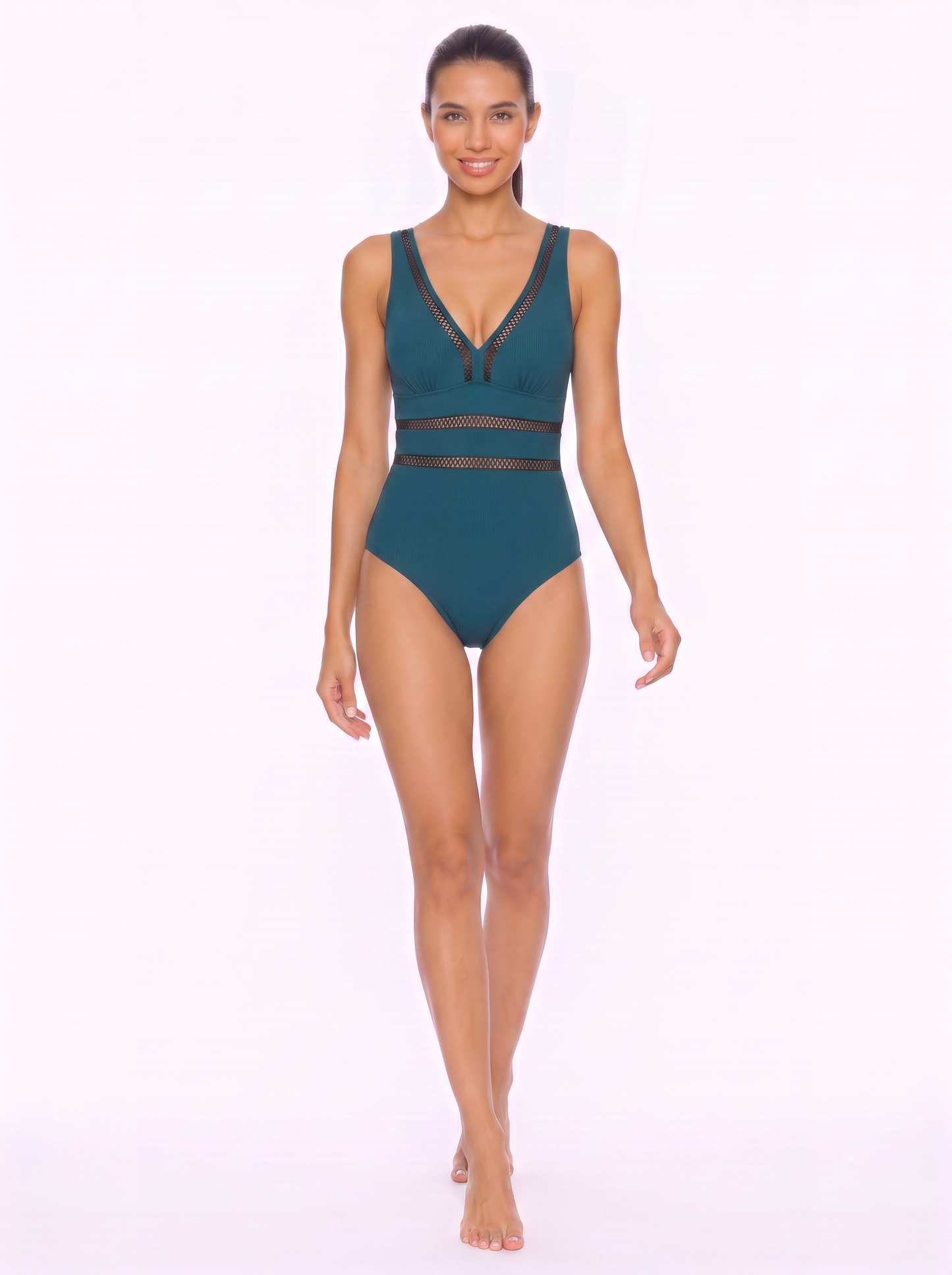 Ribbed Mesh Panel Open Back One Piece Swimsuit
