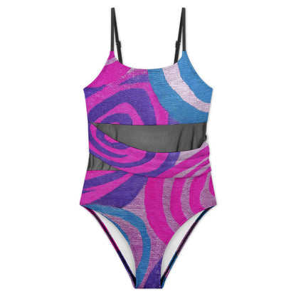 Square-Neck Mesh-Panel Ruched One-Piece Swimsuit, product view 3