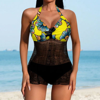 Halter Mesh-Overlay Ruffle Tankini Set, product view 2