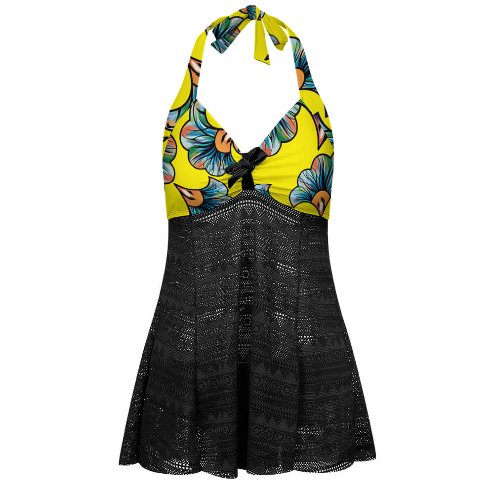 Halter Mesh-Overlay Ruffle Tankini Set, product view 4