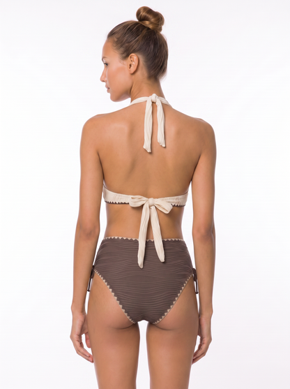 Cream & Brown Zigzag Halter Bikini Set