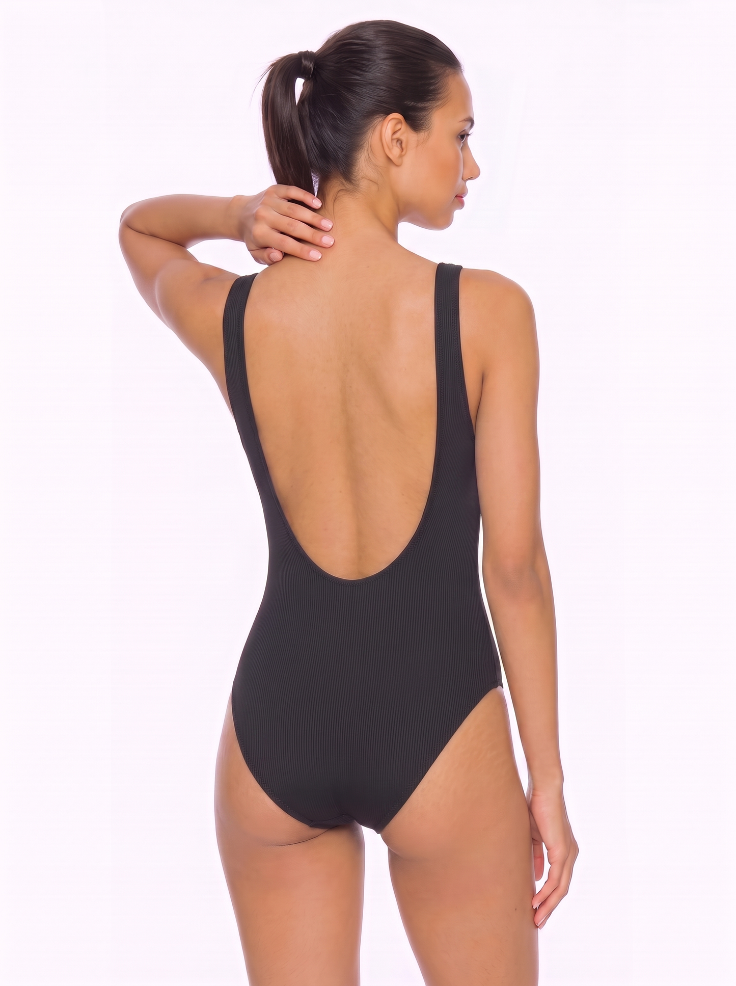 Ribbed Mesh Panel Open Back One Piece Swimsuit