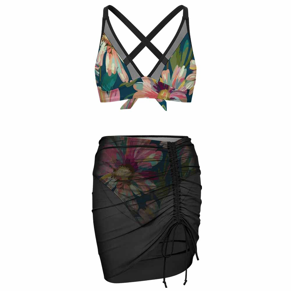 V-Neck Mesh-Overlay Skirted Bikini Set, product view 5