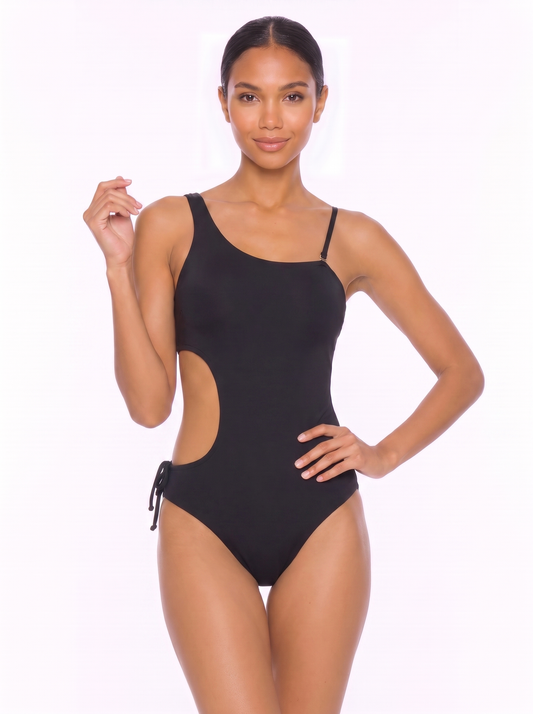 Asymmetric One-Piece Swimsuit with Side Cutouts and Mixed Straps