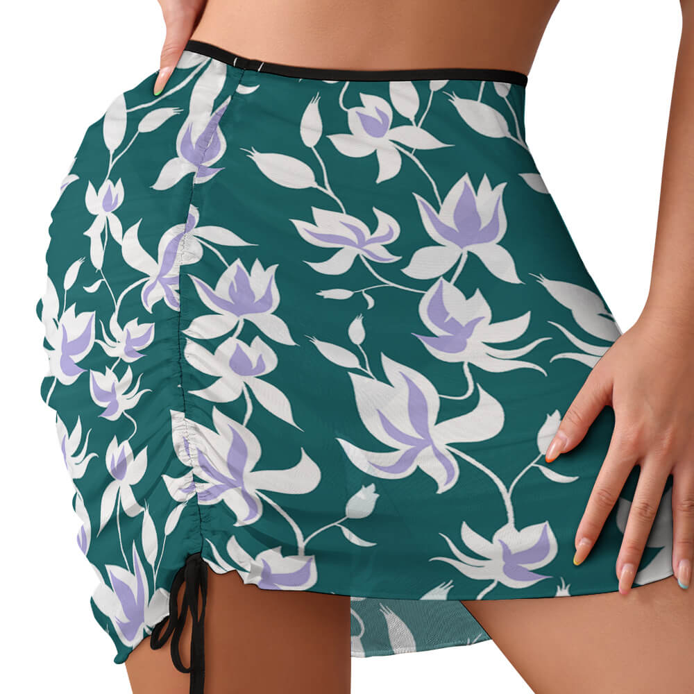 Ruched Side-Tie Mesh Cover-Up Skirt