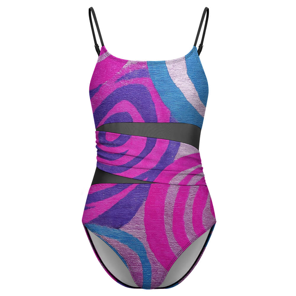 Square-Neck Mesh-Panel Ruched One-Piece Swimsuit, product view 4