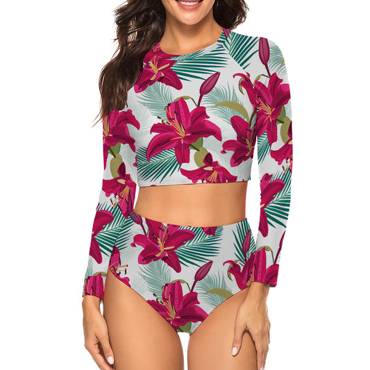 Long-Sleeve Crop Rash Guard Bikini Set