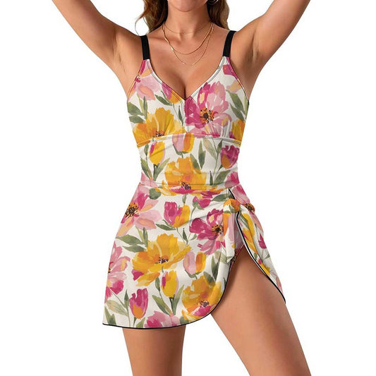 V-Neck Ruched Skirted One-Piece Swimsuit